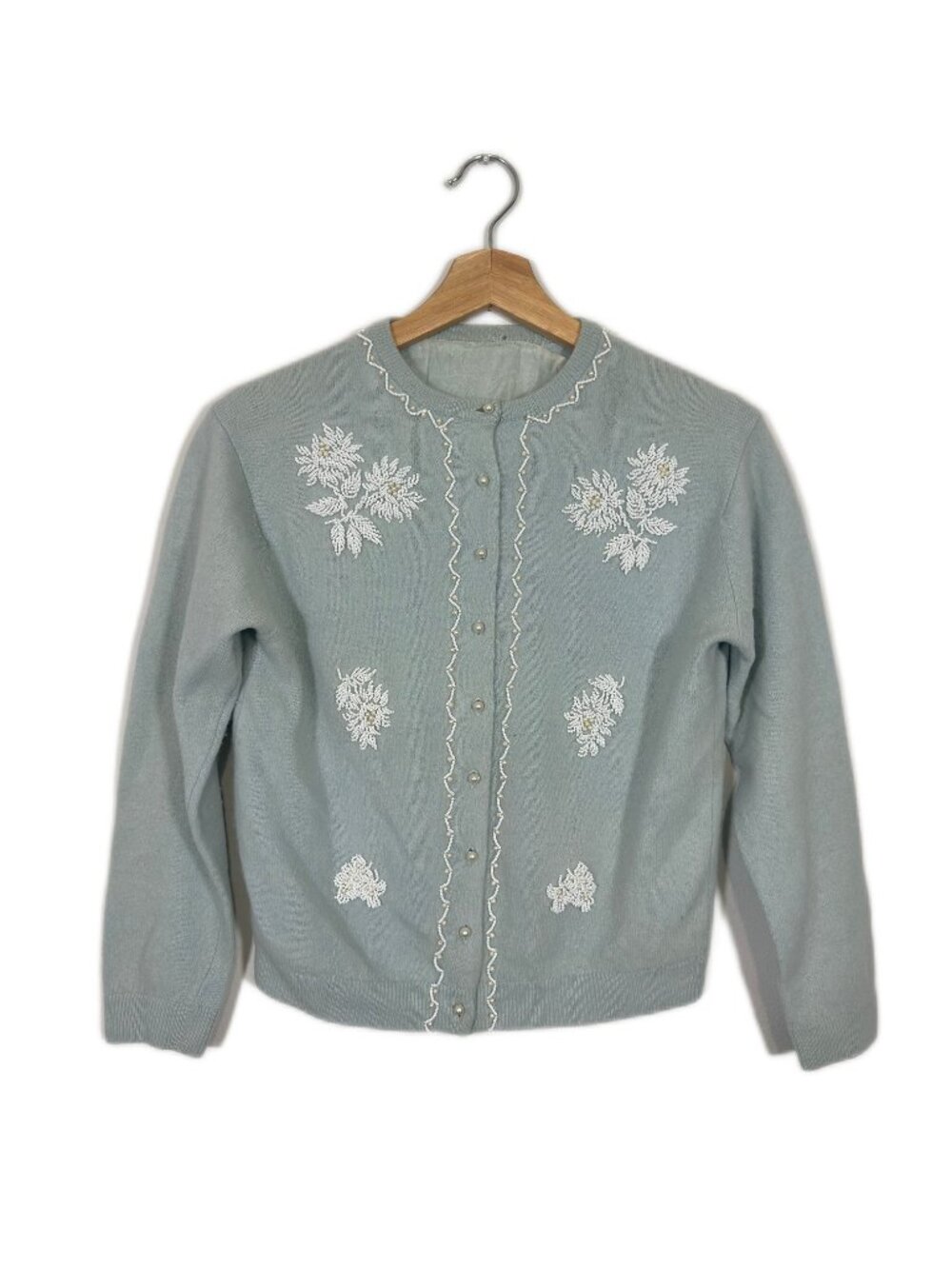 Cottagecore Embroidered Floral Beaded Cardigan Medium Pastel Blue Dainty Soft